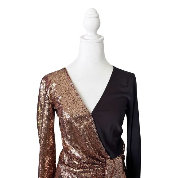 Prabal Gurung Sequin Wrap Midi Dress 4 Gold Black NWT - Picture 5 of 15